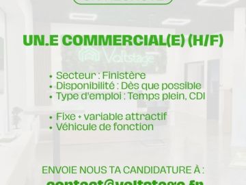 VOLTSTAGE RECRUTE - Commercial(e) H/F – CDI
📍 Finistère
⏱ Temps plein – CDI
💰 À partir de 25 000 € brut/an + variable
📅 Prise de poste : dès que possible...